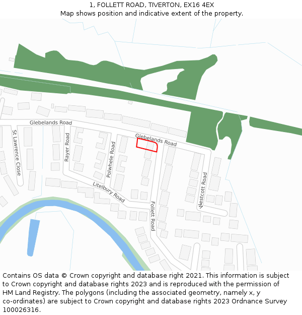 1, FOLLETT ROAD, TIVERTON, EX16 4EX: Location map and indicative extent of plot