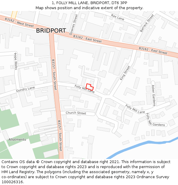 1, FOLLY MILL LANE, BRIDPORT, DT6 3PP: Location map and indicative extent of plot