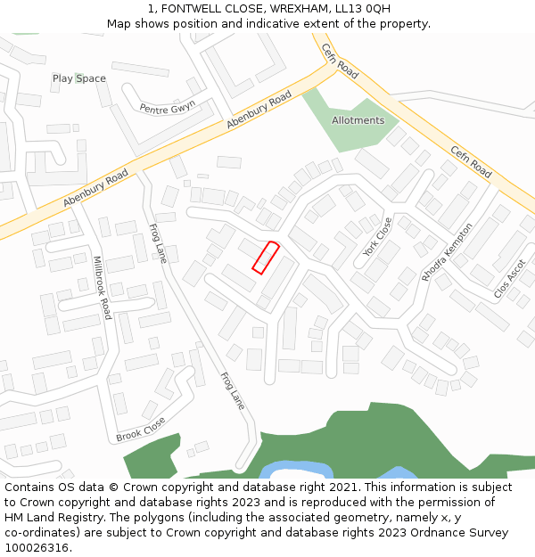 1, FONTWELL CLOSE, WREXHAM, LL13 0QH: Location map and indicative extent of plot