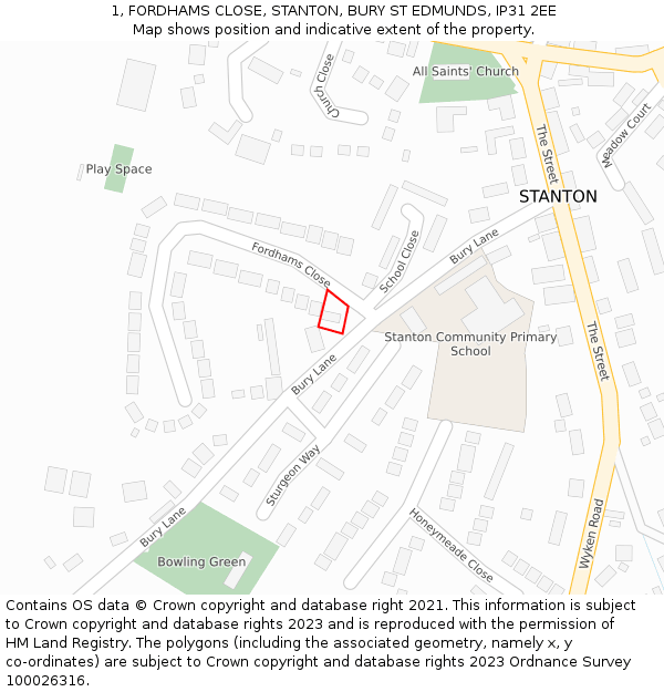 1, FORDHAMS CLOSE, STANTON, BURY ST EDMUNDS, IP31 2EE: Location map and indicative extent of plot