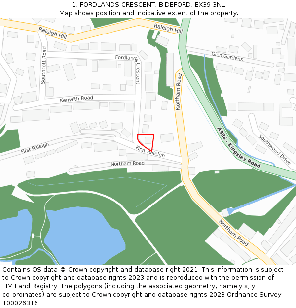 1, FORDLANDS CRESCENT, BIDEFORD, EX39 3NL: Location map and indicative extent of plot
