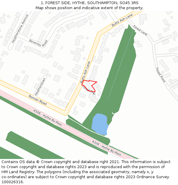 1, FOREST SIDE, HYTHE, SOUTHAMPTON, SO45 3RS: Location map and indicative extent of plot