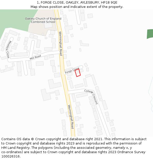 1, FORGE CLOSE, OAKLEY, AYLESBURY, HP18 9QE: Location map and indicative extent of plot