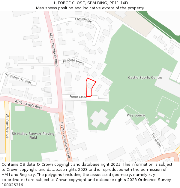1, FORGE CLOSE, SPALDING, PE11 1XD: Location map and indicative extent of plot