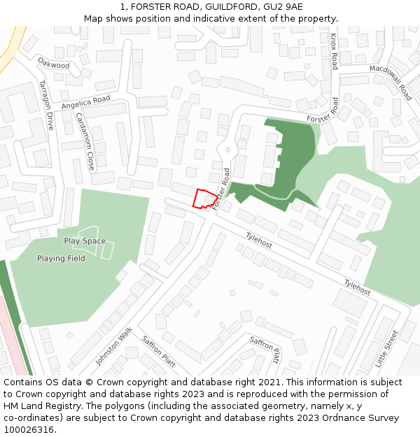 1, FORSTER ROAD, GUILDFORD, GU2 9AE: Location map and indicative extent of plot