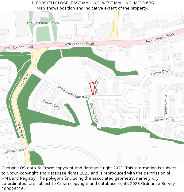 1, FORSYTH CLOSE, EAST MALLING, WEST MALLING, ME19 6BS: Location map and indicative extent of plot