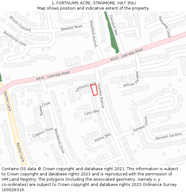 1, FORTNUMS ACRE, STANMORE, HA7 3NU: Location map and indicative extent of plot