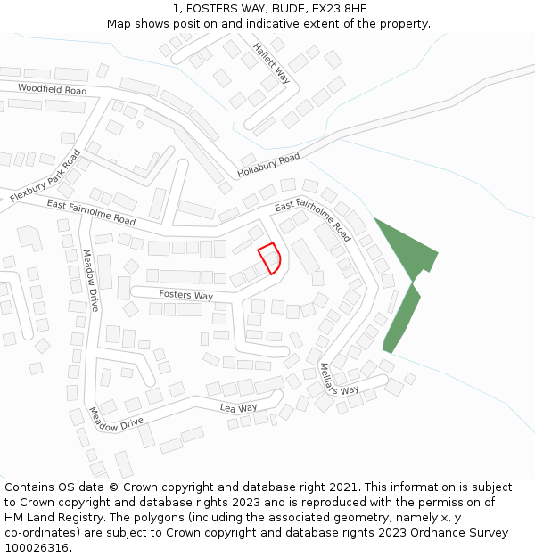 1, FOSTERS WAY, BUDE, EX23 8HF: Location map and indicative extent of plot