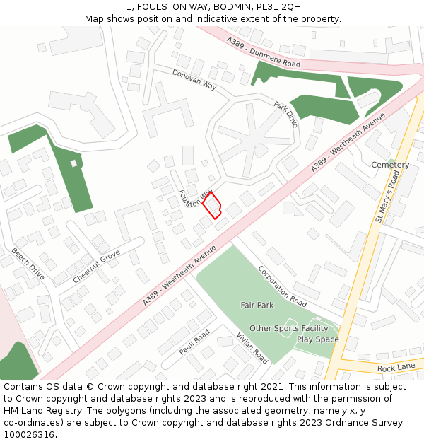 1, FOULSTON WAY, BODMIN, PL31 2QH: Location map and indicative extent of plot