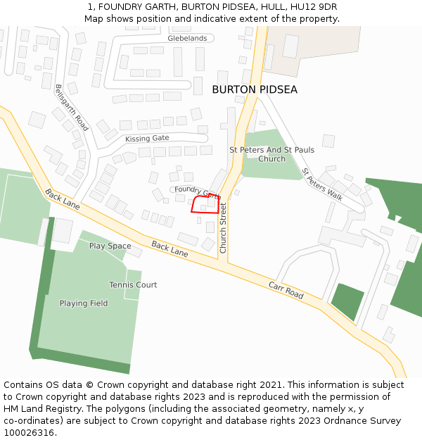 1, FOUNDRY GARTH, BURTON PIDSEA, HULL, HU12 9DR: Location map and indicative extent of plot