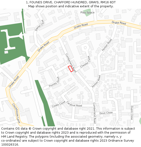 1, FOUNES DRIVE, CHAFFORD HUNDRED, GRAYS, RM16 6DT: Location map and indicative extent of plot