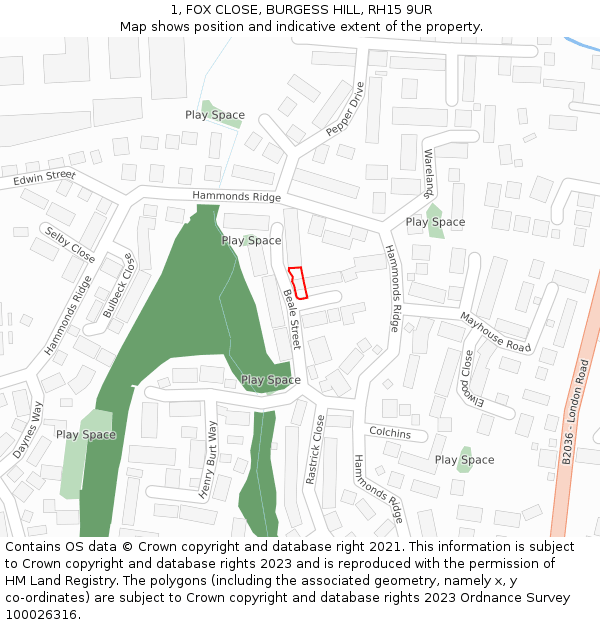 1, FOX CLOSE, BURGESS HILL, RH15 9UR: Location map and indicative extent of plot