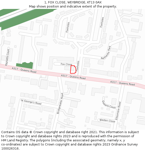 1, FOX CLOSE, WEYBRIDGE, KT13 0AX: Location map and indicative extent of plot