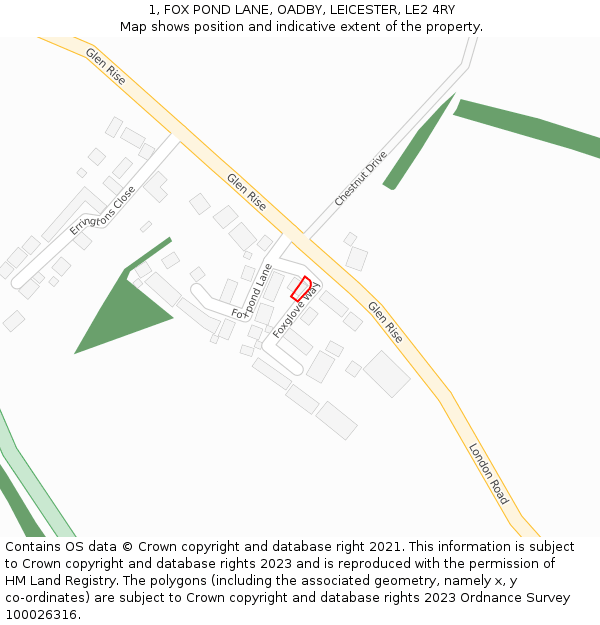 1, FOX POND LANE, OADBY, LEICESTER, LE2 4RY: Location map and indicative extent of plot