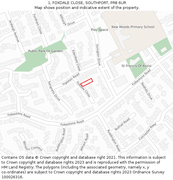 1, FOXDALE CLOSE, SOUTHPORT, PR8 6UR: Location map and indicative extent of plot