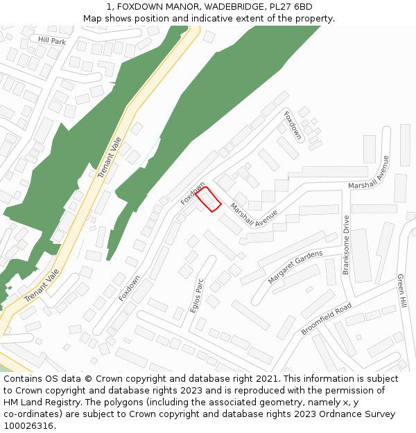 1, FOXDOWN MANOR, WADEBRIDGE, PL27 6BD: Location map and indicative extent of plot