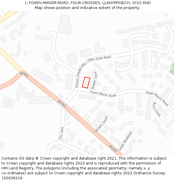 1, FOXEN MANOR ROAD, FOUR CROSSES, LLANYMYNECH, SY22 6ND: Location map and indicative extent of plot