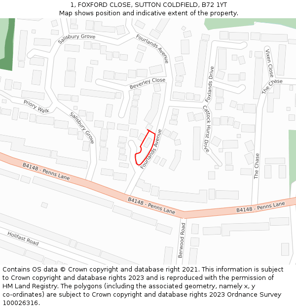 1, FOXFORD CLOSE, SUTTON COLDFIELD, B72 1YT: Location map and indicative extent of plot