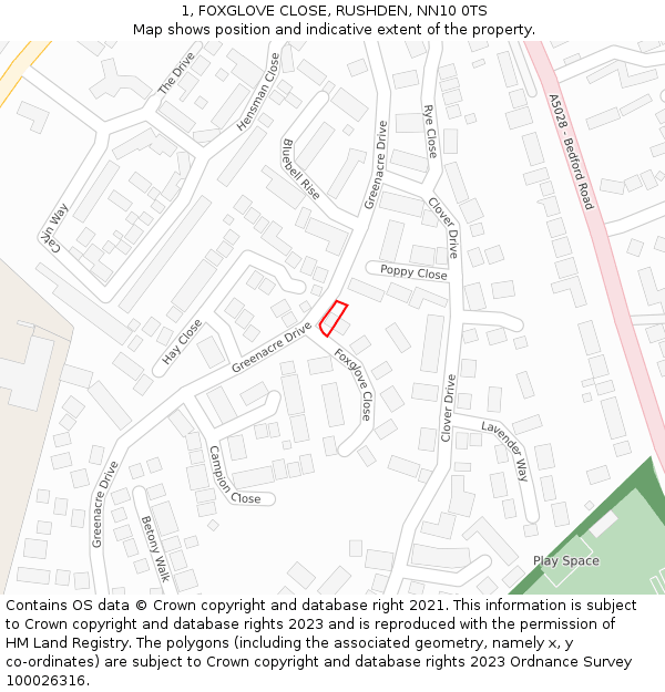 1, FOXGLOVE CLOSE, RUSHDEN, NN10 0TS: Location map and indicative extent of plot