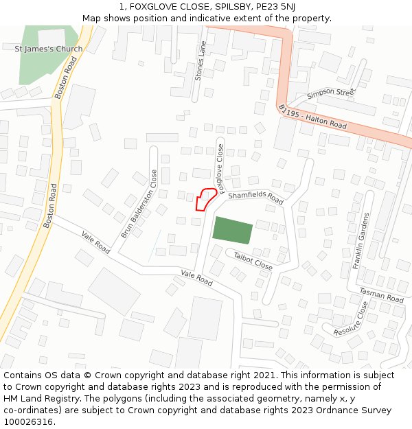 1, FOXGLOVE CLOSE, SPILSBY, PE23 5NJ: Location map and indicative extent of plot