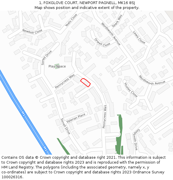 1, FOXGLOVE COURT, NEWPORT PAGNELL, MK16 8SJ: Location map and indicative extent of plot