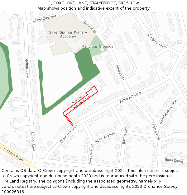 1, FOXGLOVE LANE, STALYBRIDGE, SK15 1DW: Location map and indicative extent of plot