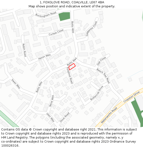 1, FOXGLOVE ROAD, COALVILLE, LE67 4BA: Location map and indicative extent of plot