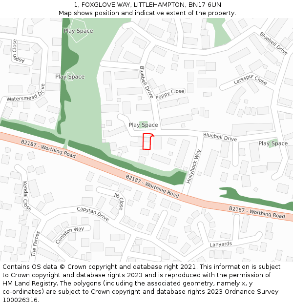 1, FOXGLOVE WAY, LITTLEHAMPTON, BN17 6UN: Location map and indicative extent of plot