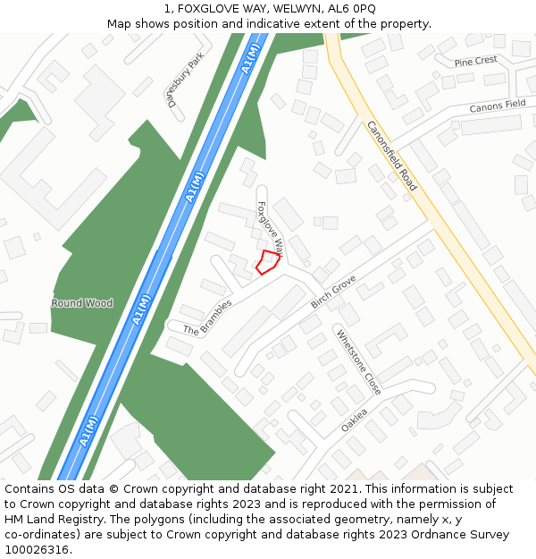 1, FOXGLOVE WAY, WELWYN, AL6 0PQ: Location map and indicative extent of plot