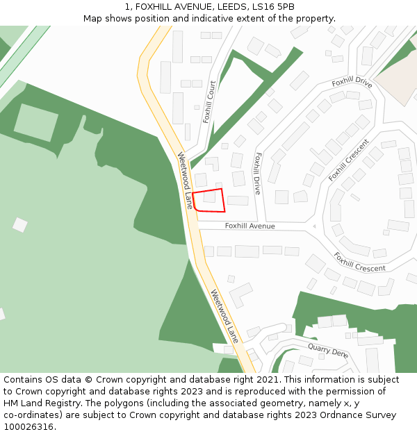 1, FOXHILL AVENUE, LEEDS, LS16 5PB: Location map and indicative extent of plot