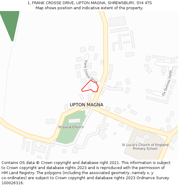 1, FRANK CROSSE DRIVE, UPTON MAGNA, SHREWSBURY, SY4 4TS: Location map and indicative extent of plot