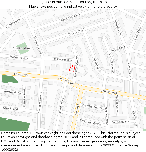 1, FRANKFORD AVENUE, BOLTON, BL1 6HQ: Location map and indicative extent of plot