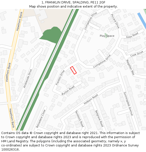 1, FRANKLIN DRIVE, SPALDING, PE11 2GF: Location map and indicative extent of plot