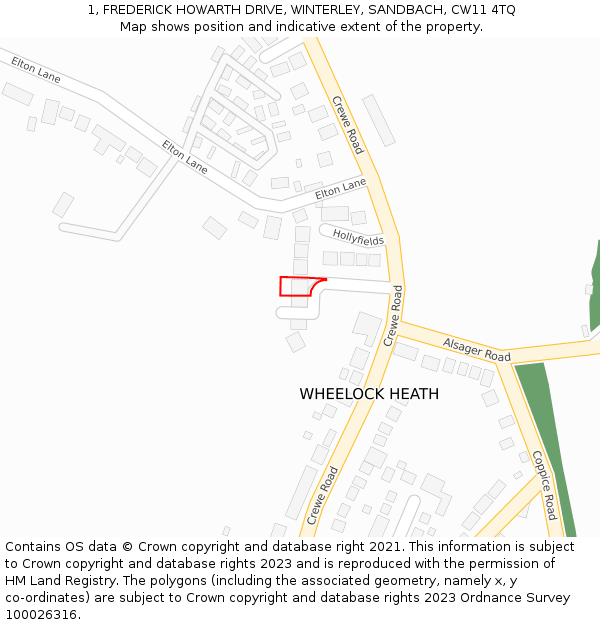 1, FREDERICK HOWARTH DRIVE, WINTERLEY, SANDBACH, CW11 4TQ: Location map and indicative extent of plot