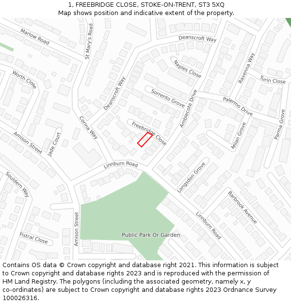 1, FREEBRIDGE CLOSE, STOKE-ON-TRENT, ST3 5XQ: Location map and indicative extent of plot