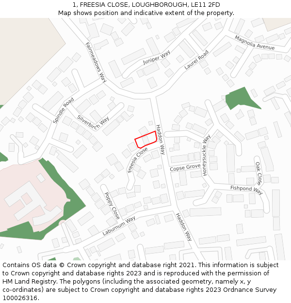 1, FREESIA CLOSE, LOUGHBOROUGH, LE11 2FD: Location map and indicative extent of plot