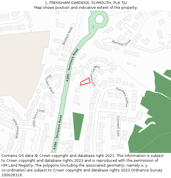 1, FRENSHAM GARDENS, PLYMOUTH, PL6 7JU: Location map and indicative extent of plot