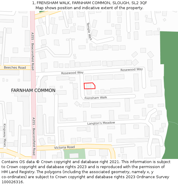 1, FRENSHAM WALK, FARNHAM COMMON, SLOUGH, SL2 3QF: Location map and indicative extent of plot