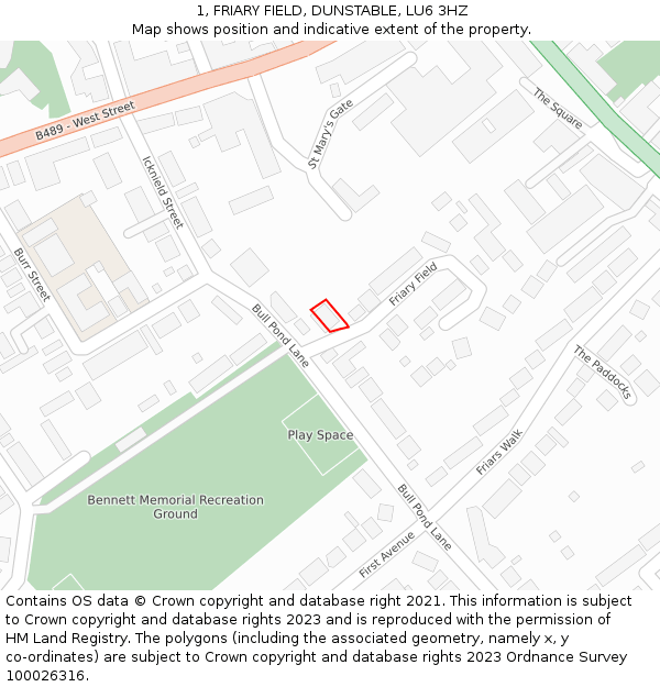 1, FRIARY FIELD, DUNSTABLE, LU6 3HZ: Location map and indicative extent of plot