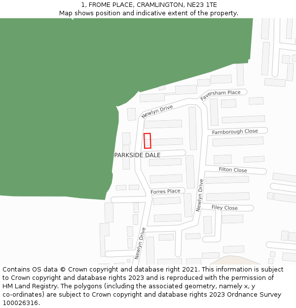 1, FROME PLACE, CRAMLINGTON, NE23 1TE: Location map and indicative extent of plot