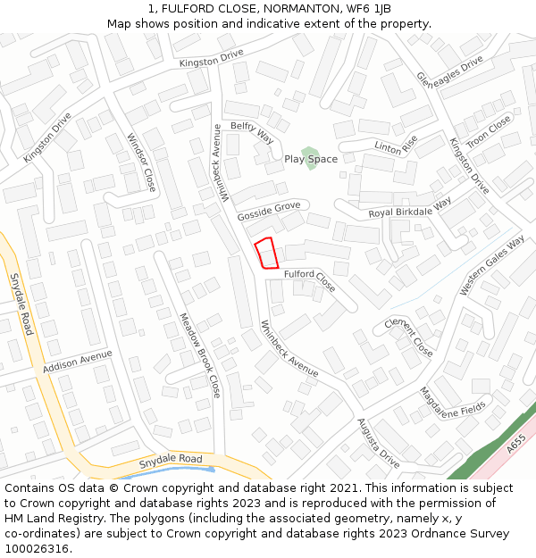 1, FULFORD CLOSE, NORMANTON, WF6 1JB: Location map and indicative extent of plot