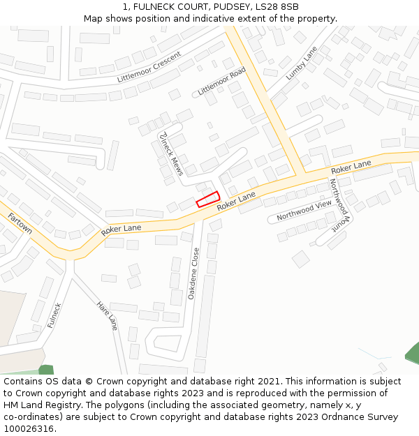 1, FULNECK COURT, PUDSEY, LS28 8SB: Location map and indicative extent of plot