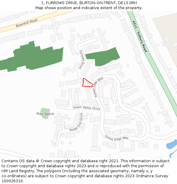 1, FURROWS DRIVE, BURTON-ON-TRENT, DE13 0RH: Location map and indicative extent of plot