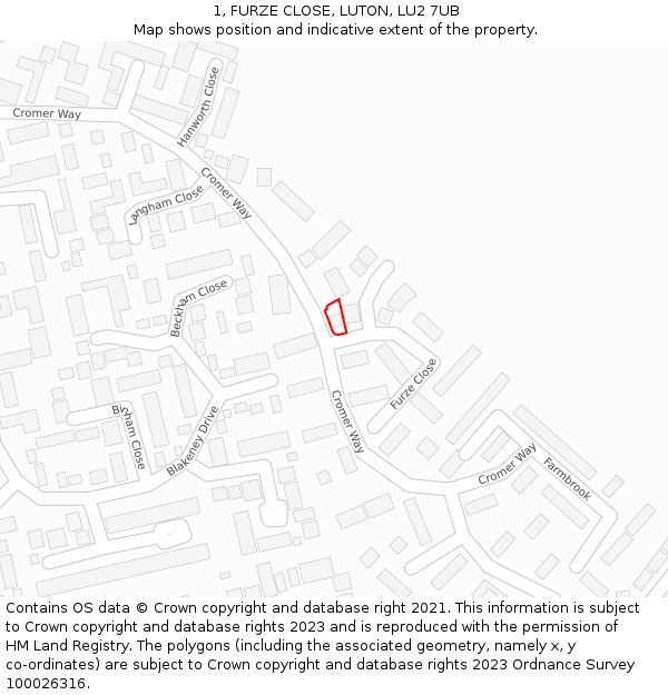 1, FURZE CLOSE, LUTON, LU2 7UB: Location map and indicative extent of plot