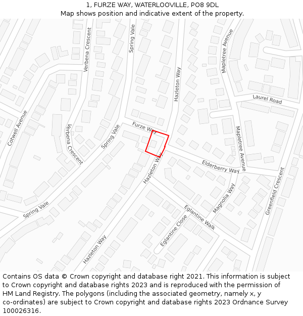 1, FURZE WAY, WATERLOOVILLE, PO8 9DL: Location map and indicative extent of plot