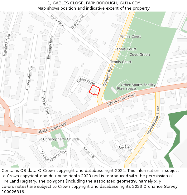 1, GABLES CLOSE, FARNBOROUGH, GU14 0DY: Location map and indicative extent of plot