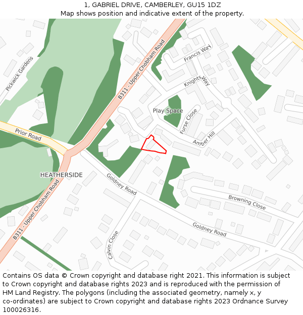 1, GABRIEL DRIVE, CAMBERLEY, GU15 1DZ: Location map and indicative extent of plot