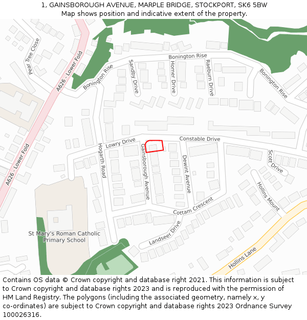 1, GAINSBOROUGH AVENUE, MARPLE BRIDGE, STOCKPORT, SK6 5BW: Location map and indicative extent of plot