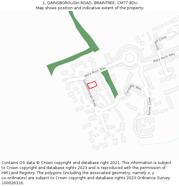 1, GAINSBOROUGH ROAD, BRAINTREE, CM77 8DU: Location map and indicative extent of plot