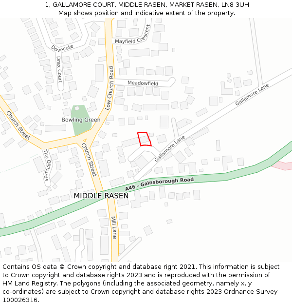 1, GALLAMORE COURT, MIDDLE RASEN, MARKET RASEN, LN8 3UH: Location map and indicative extent of plot